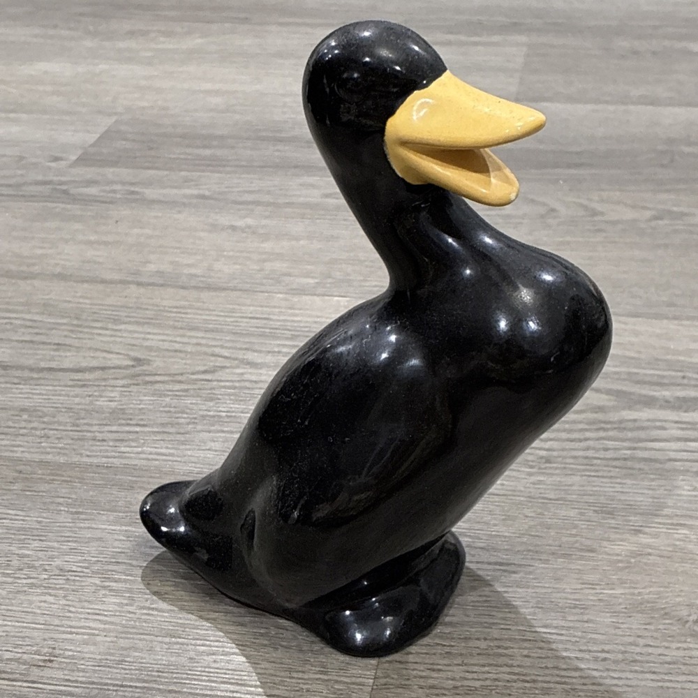 Large Black Glossy Pottery Duck - 9" Tall